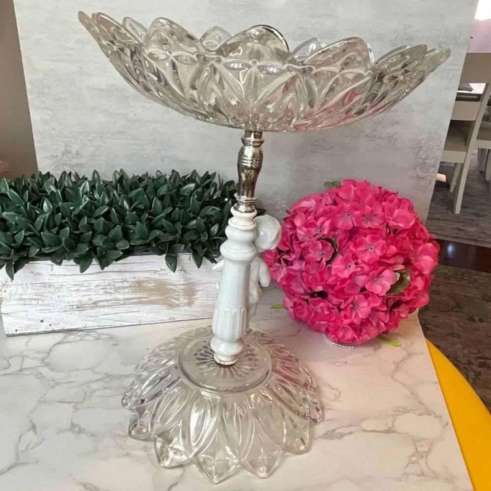 Crystal Compote Bowl Hollywood Regency Cherub Pedestal Centerpiece Vintage